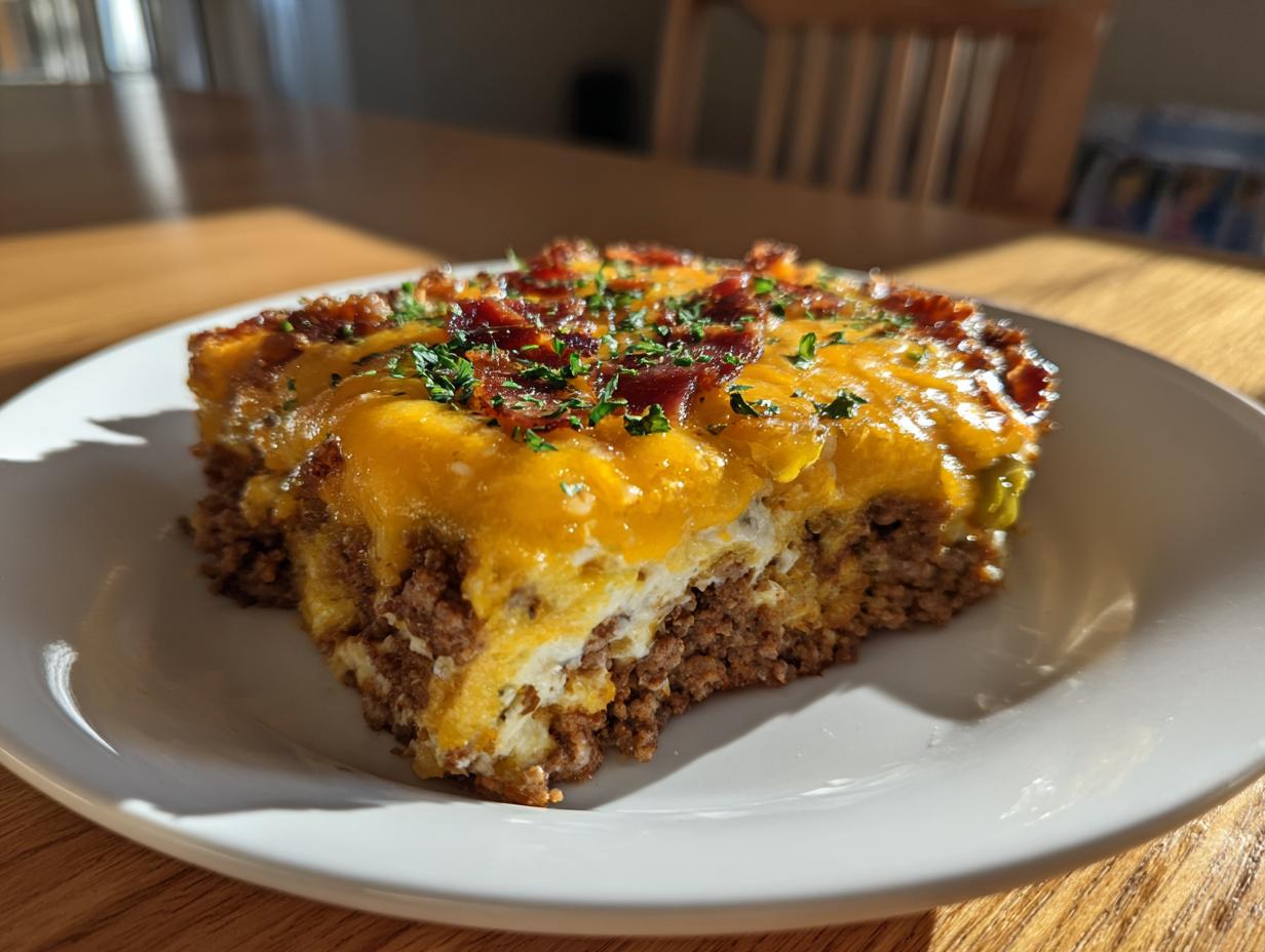 A delicious slice of Low-Carb Bacon Cheeseburger Casserole topped with melted cheese and bacon.