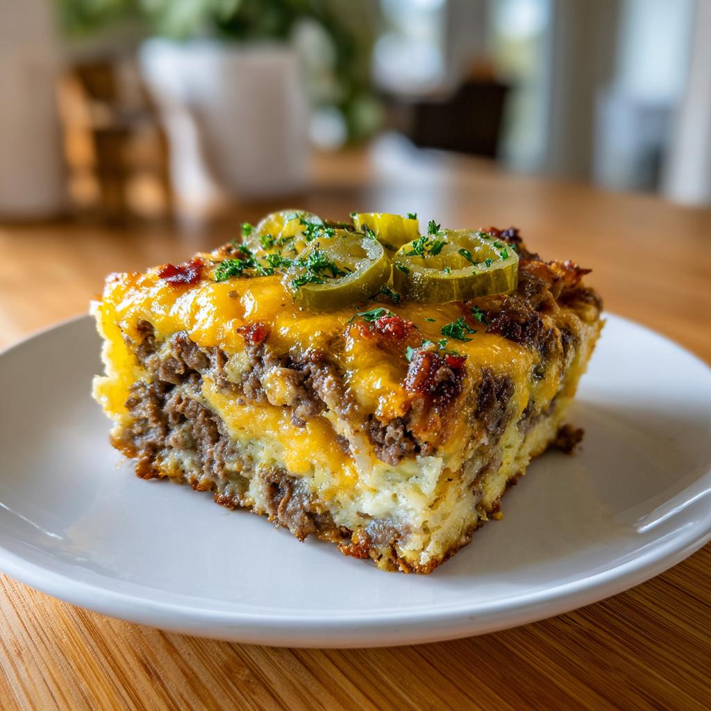 A slice of Low-Carb Bacon Cheeseburger Casserole on a white plate, topped with melted cheese, bacon bits, and pickles.