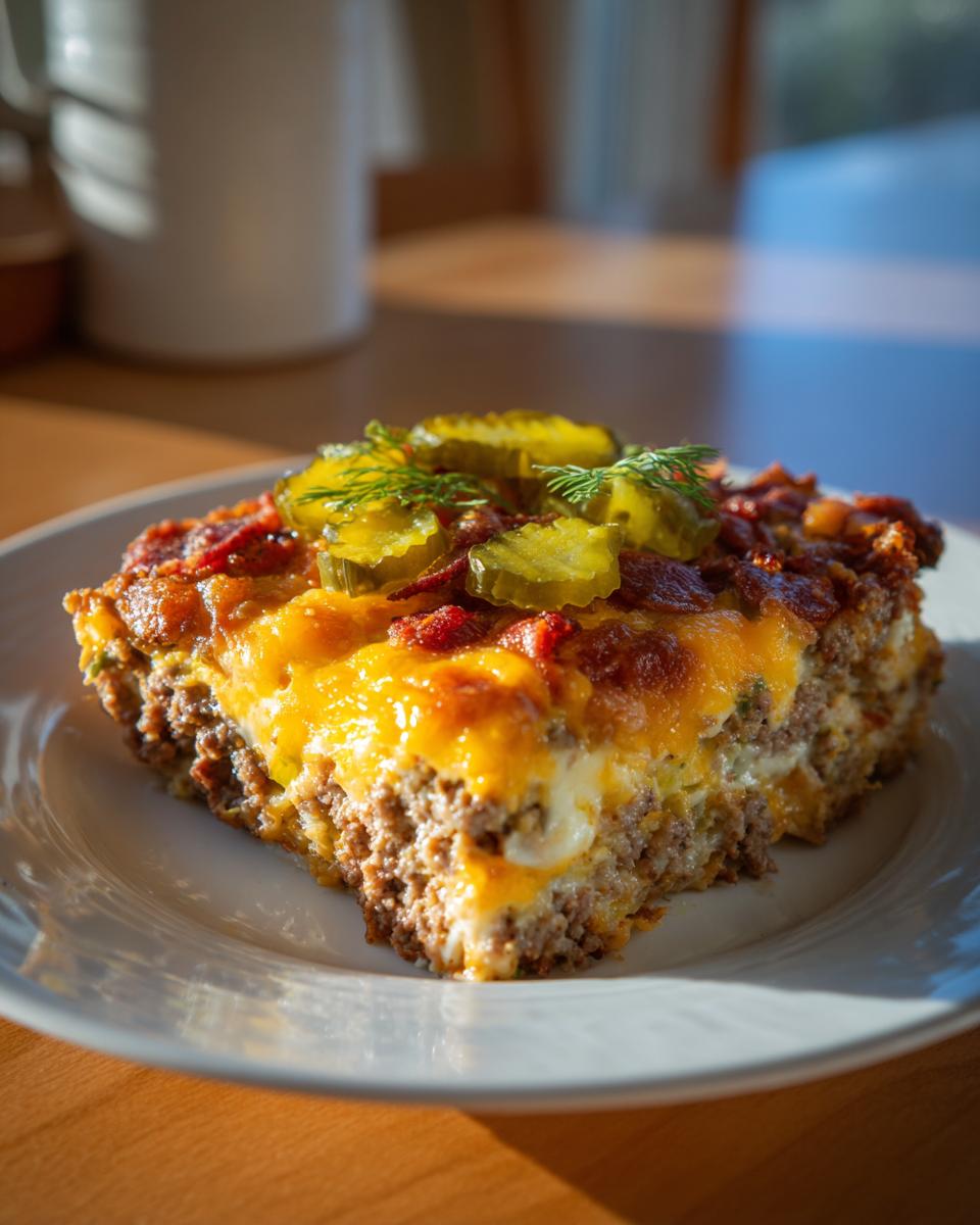 A slice of Low-Carb Bacon Cheeseburger Casserole topped with pickles and dill on a white plate.