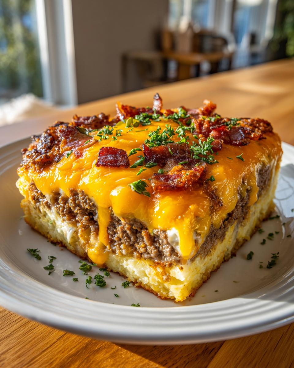 A delicious slice of Low-Carb Bacon Cheeseburger Casserole with melted cheese and bacon.