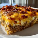 A delicious slice of Low-Carb Bacon Cheeseburger Casserole, topped with melted cheese and crispy bacon.
