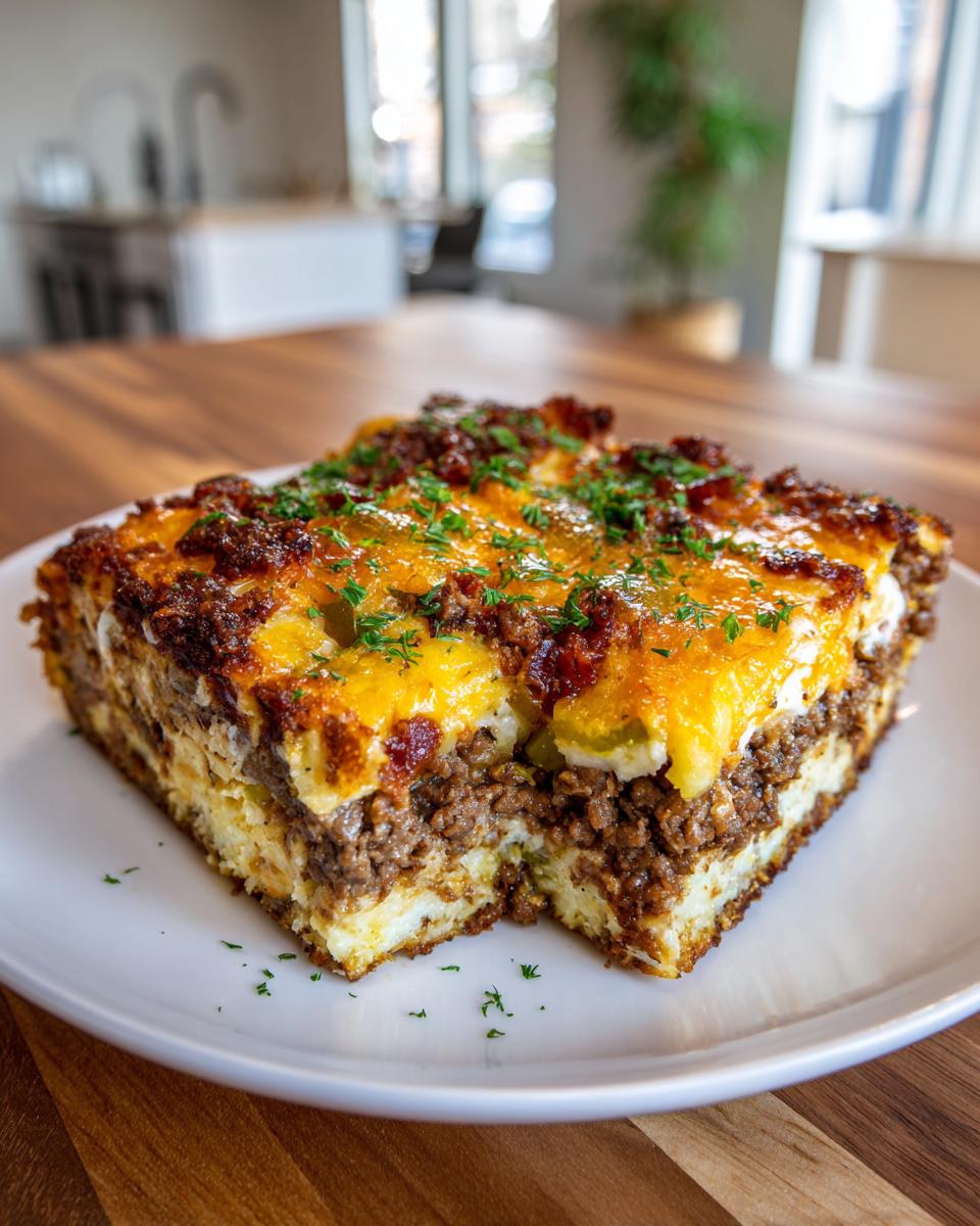 A hearty slice of Low-Carb Bacon Cheeseburger Casserole with layers of ground beef, cheese, and eggs, garnished with parsley.