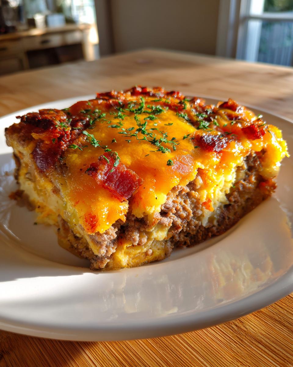 A delicious slice of Low-Carb Bacon Cheeseburger Casserole topped with melted cheese and bacon bits.