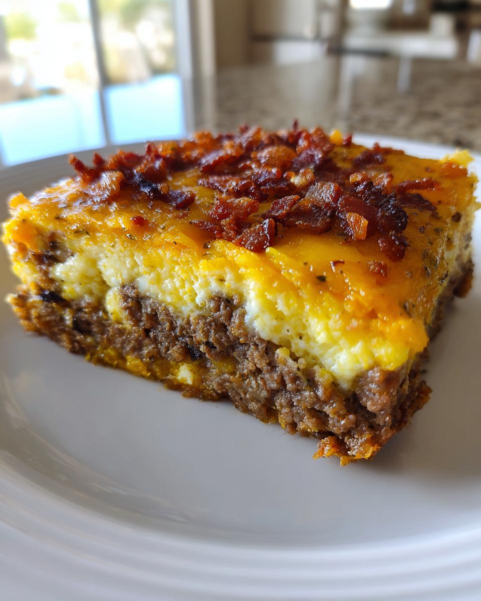 A delicious slice of Low-Carb Bacon Cheeseburger Casserole topped with melted cheese and crispy bacon bits.