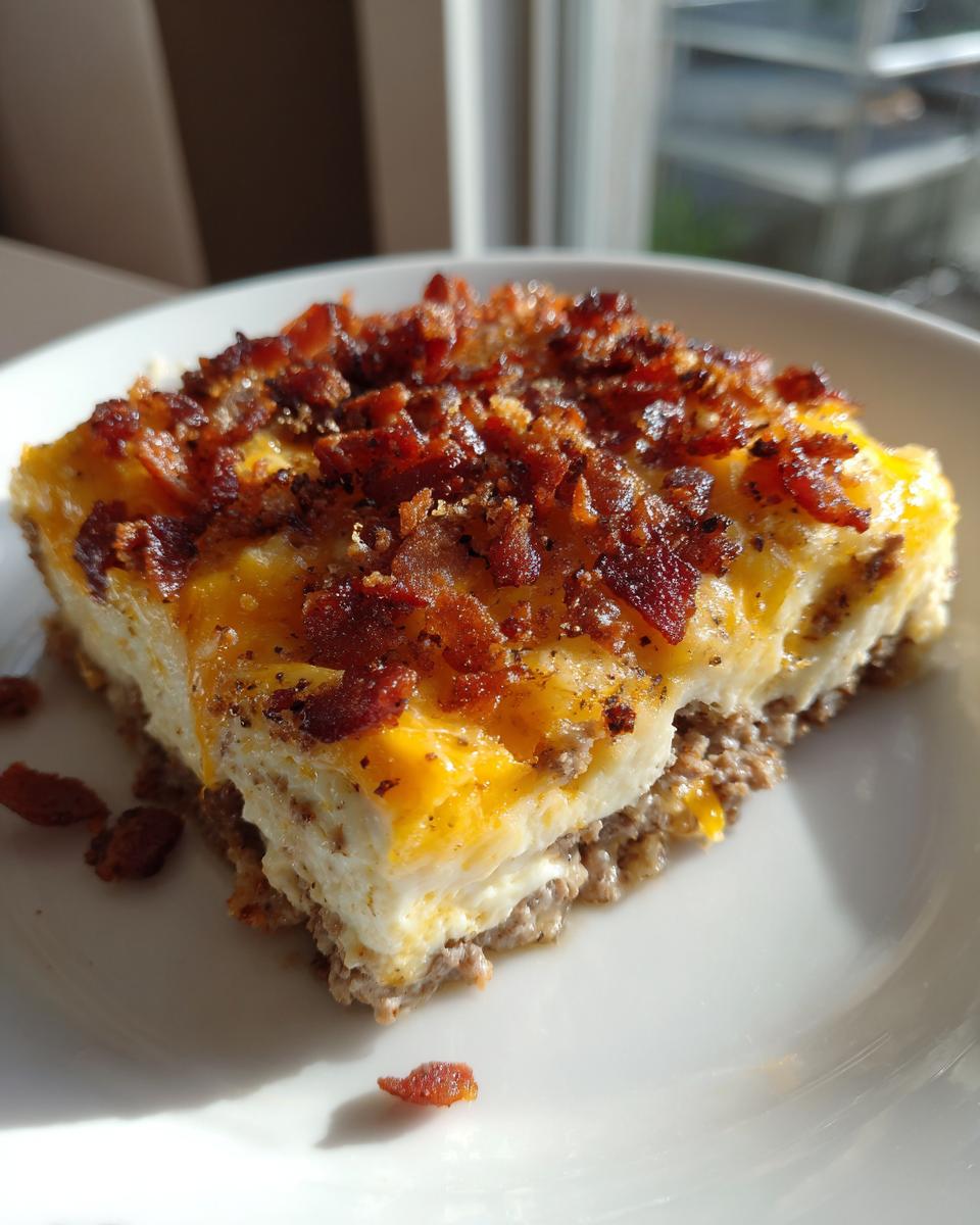 A delicious slice of Low-Carb Bacon Cheeseburger Casserole topped with melted cheese and crispy bacon.