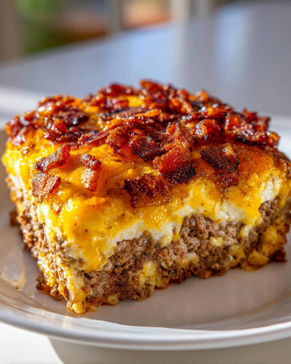 A delicious slice of Low-Carb Bacon Cheeseburger Casserole, topped with melted cheese and crispy bacon.