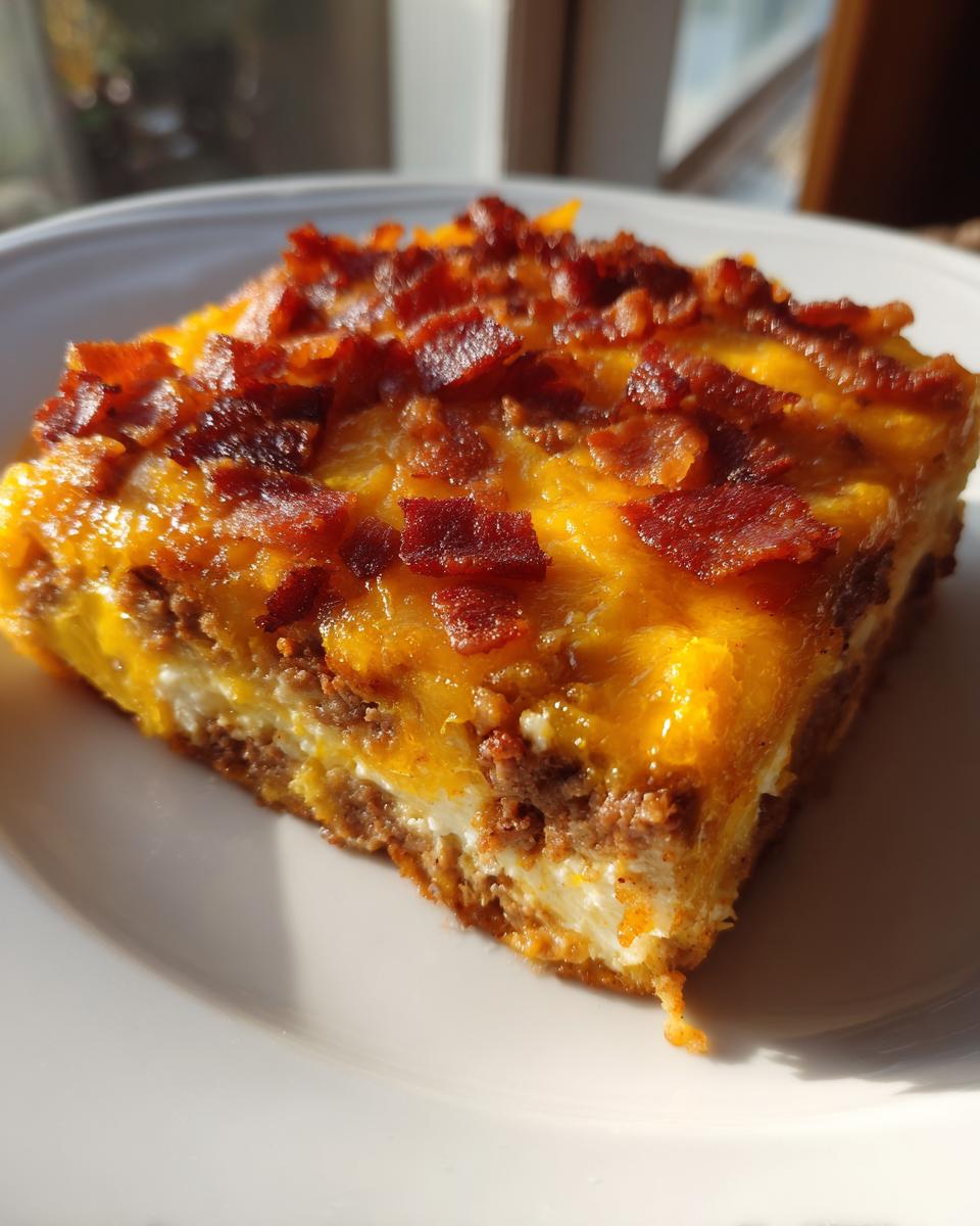 A delicious slice of Low-Carb Bacon Cheeseburger Casserole on a white plate, topped with melted cheese and crispy bacon.