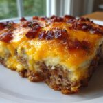 A slice of Low-Carb Bacon Cheeseburger Casserole on a white plate, topped with melted cheese and bacon bits.