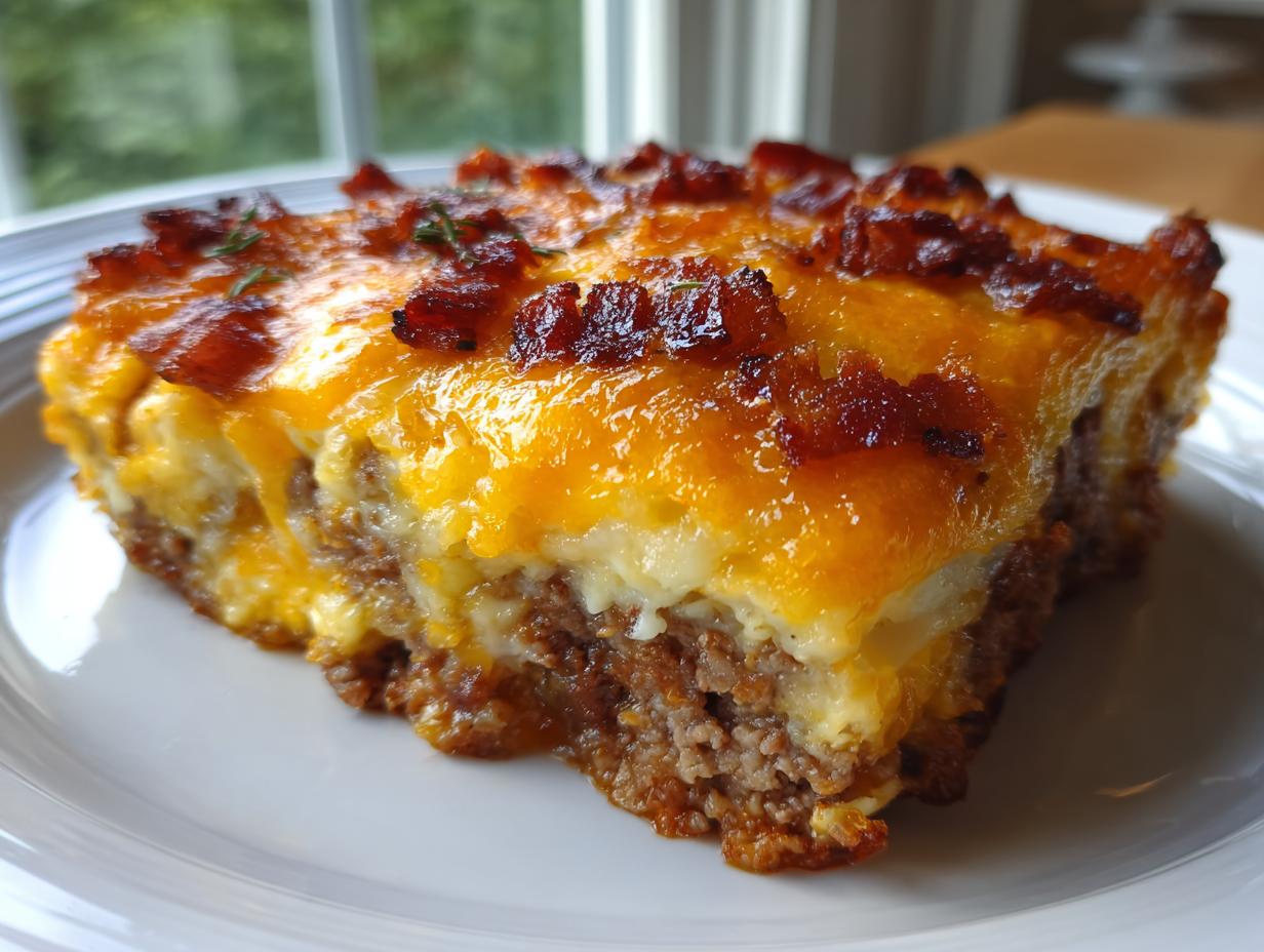 A slice of Low-Carb Bacon Cheeseburger Casserole on a white plate, topped with melted cheese and bacon bits.