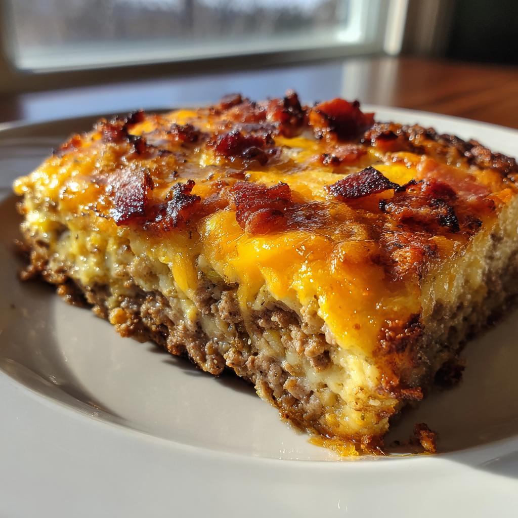 A mouthwatering slice of Low-Carb Bacon Cheeseburger Casserole, featuring layers of seasoned ground beef, melted cheddar cheese, and crispy bacon.