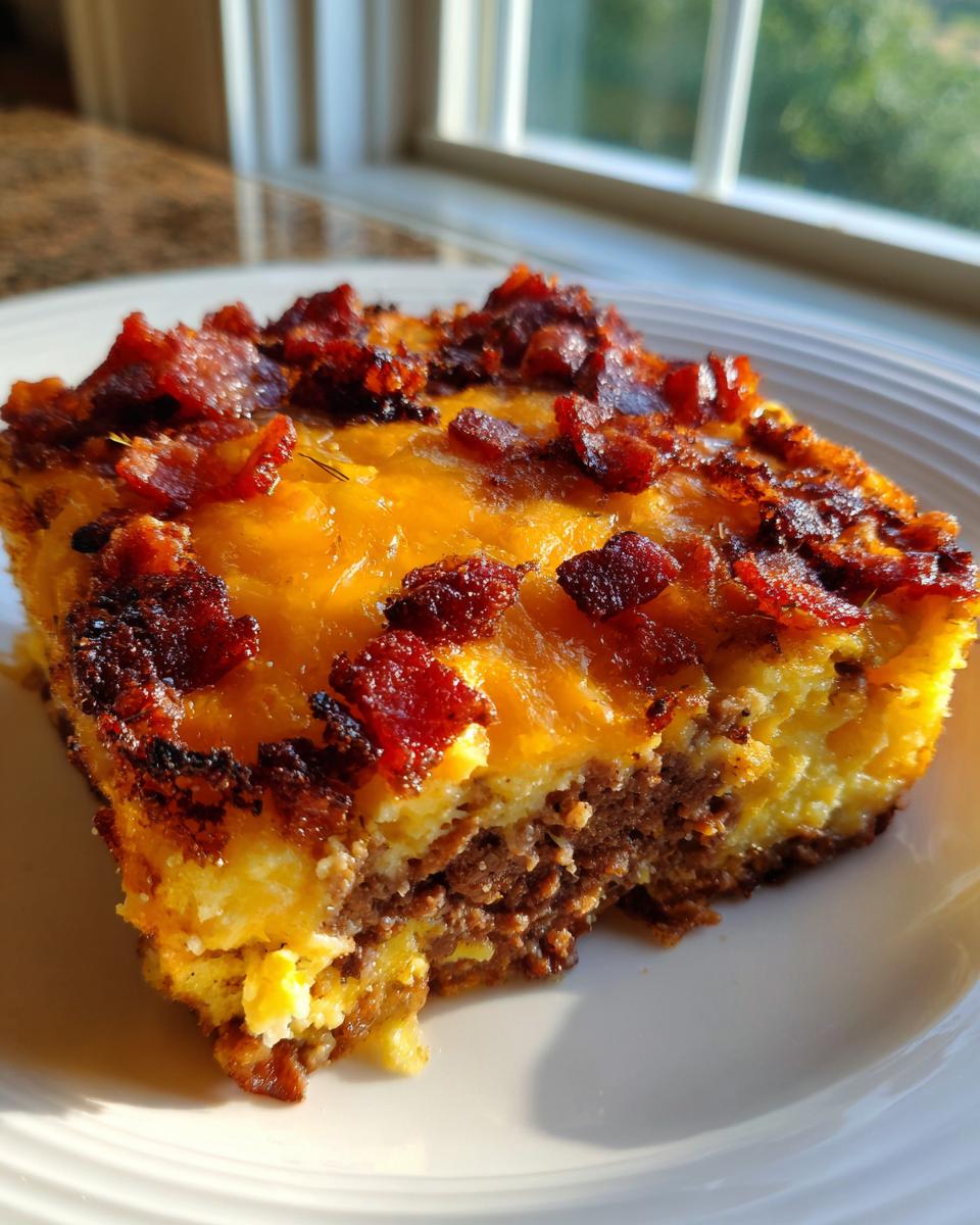 A slice of Low-Carb Bacon Cheeseburger Casserole on a white plate, topped with melted cheese and crispy bacon bits.