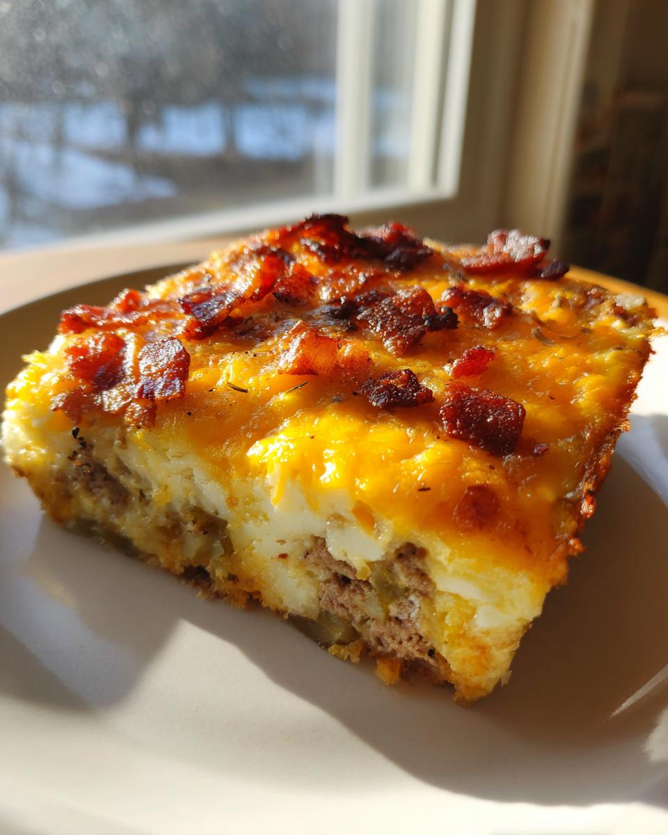 A slice of Low-Carb Bacon Cheeseburger Casserole topped with melted cheese and crispy bacon bits.