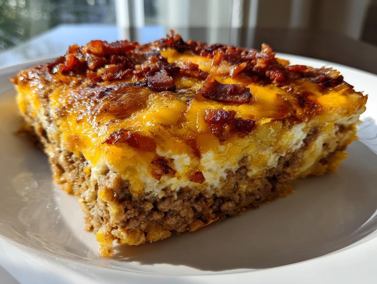 A delicious slice of Low-Carb Bacon Cheeseburger Casserole, topped with melted cheese and crispy bacon.