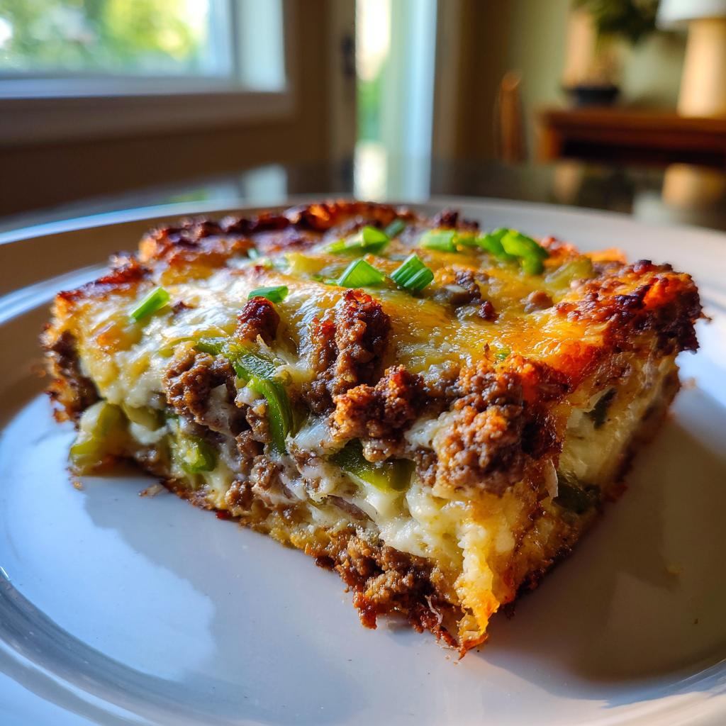 A slice of Low Carb Philly Cheesesteak Casserole on a white plate, topped with melted cheese and green onions.