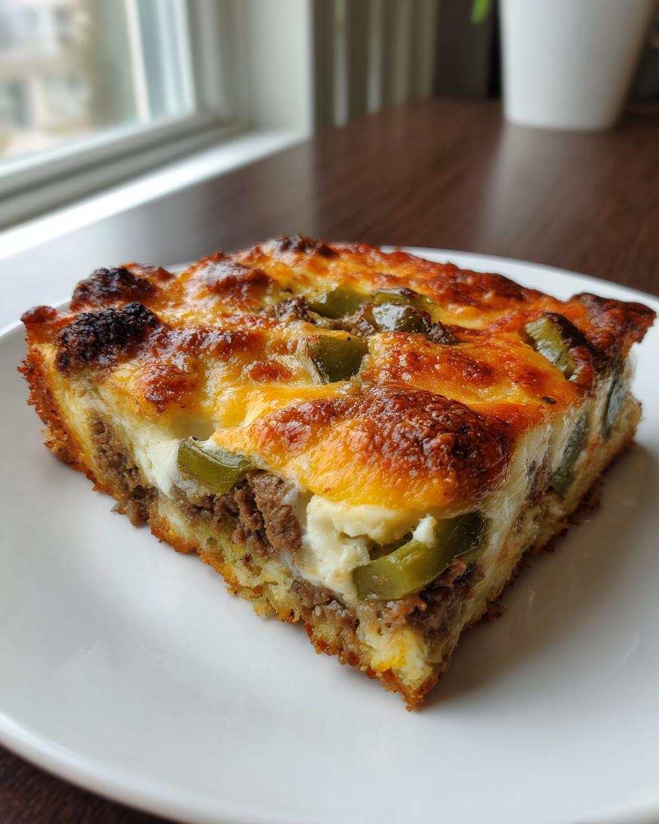 A slice of Low Carb Philly Cheesesteak Casserole on a white plate, featuring ground beef, melted cheese, and green peppers.