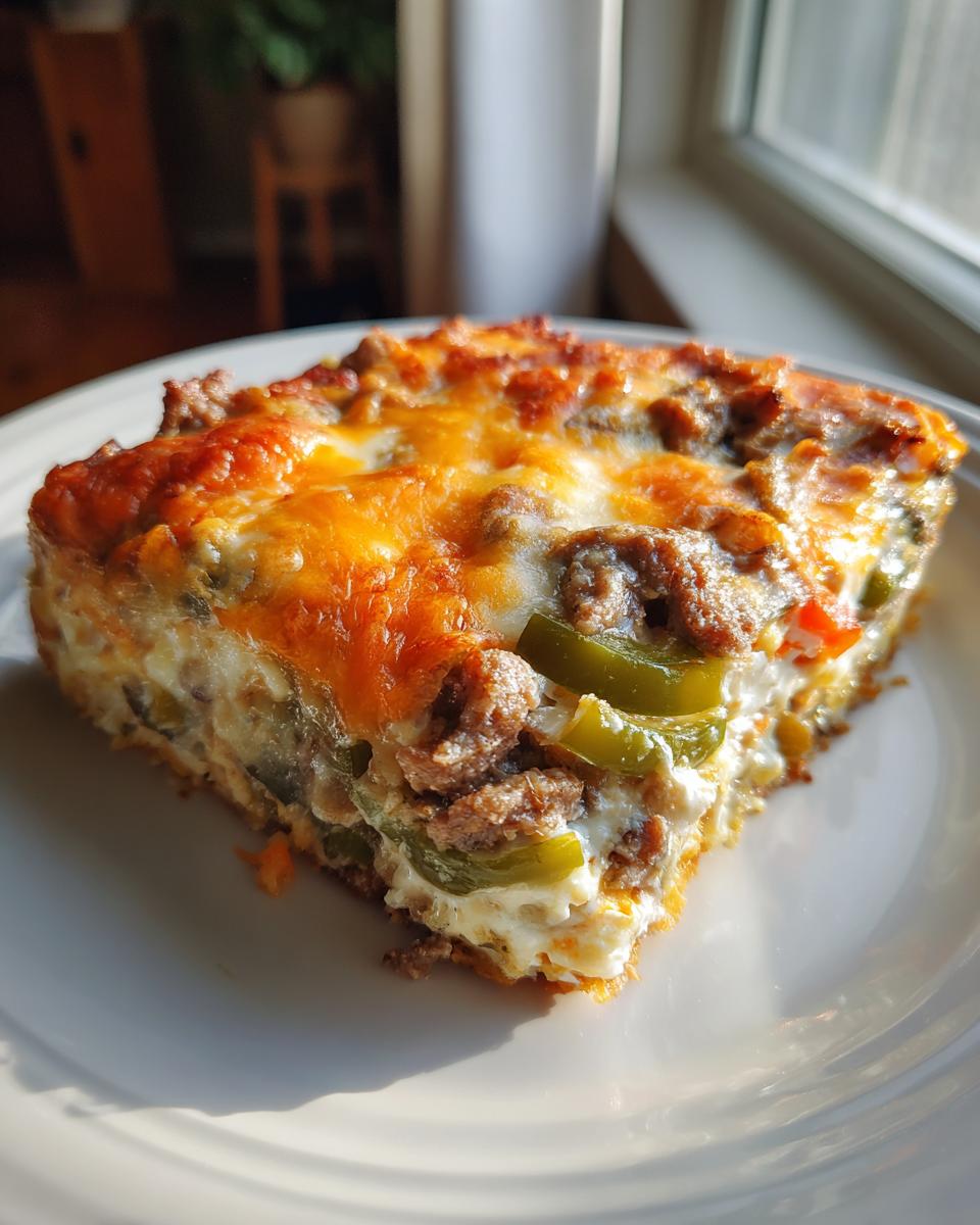 A slice of Low Carb Philly Cheesesteak Casserole on a white plate, featuring ground beef, melted cheese, and green peppers.