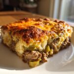 A delicious slice of Low Carb Philly Cheesesteak Casserole on a white plate, featuring ground beef, cheese, and green peppers.