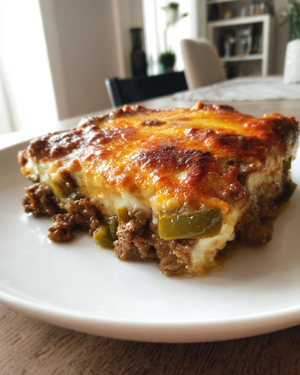 A delicious slice of Low Carb Philly Cheesesteak Casserole with melted cheese and ground beef.