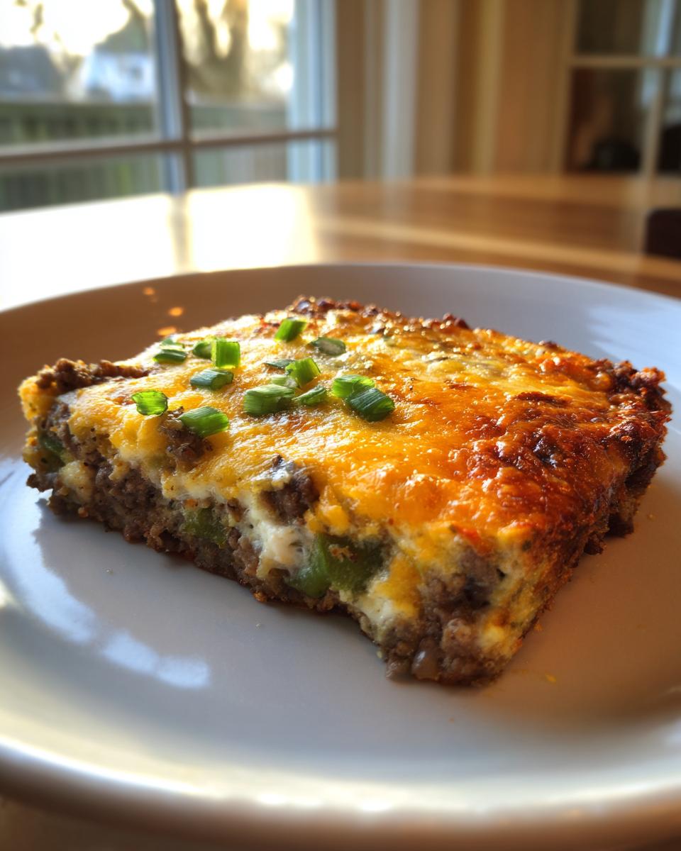 A slice of Low Carb Philly Cheesesteak Casserole topped with melted cheese and green onions.