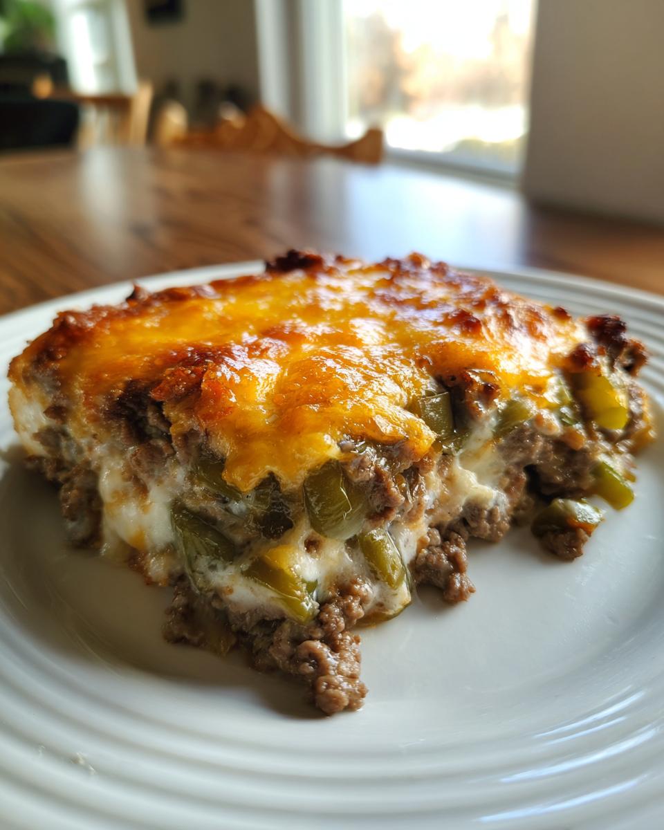 A slice of Low Carb Philly Cheesesteak Casserole on a white plate, featuring ground beef, green peppers, and melted cheese.