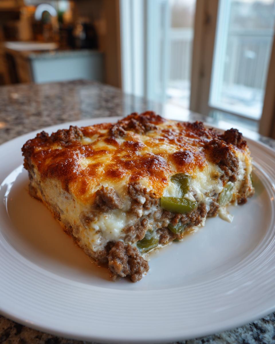 A slice of Low Carb Philly Cheesesteak Casserole on a white plate, featuring ground beef, melted cheese, and green peppers.