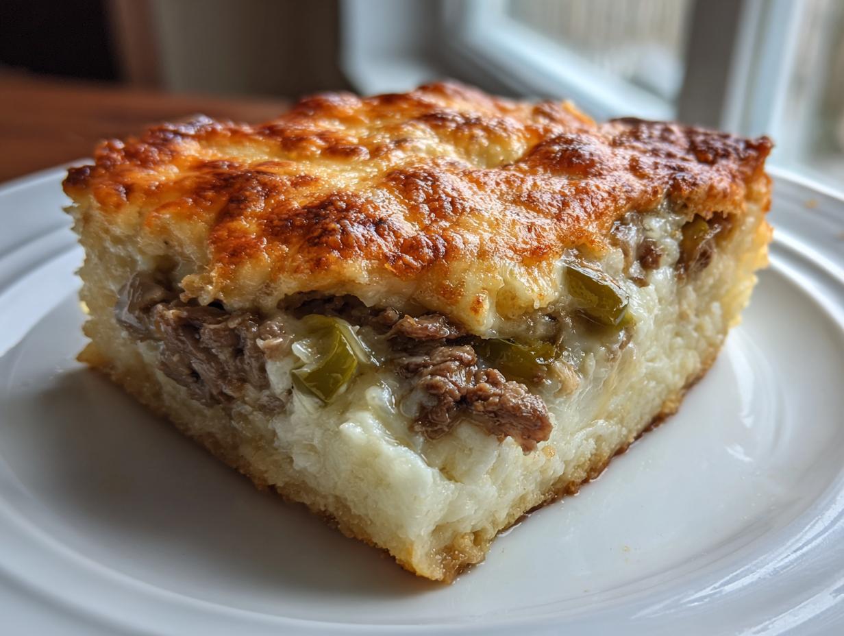 A delicious slice of Low Carb Philly Cheesesteak Casserole on a white plate, featuring melted cheese, steak, and peppers.