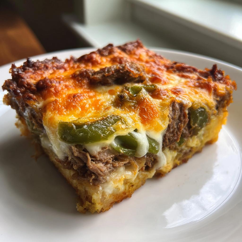 A slice of Low Carb Philly Cheesesteak Casserole with melted cheese, steak, and green peppers on a white plate.
