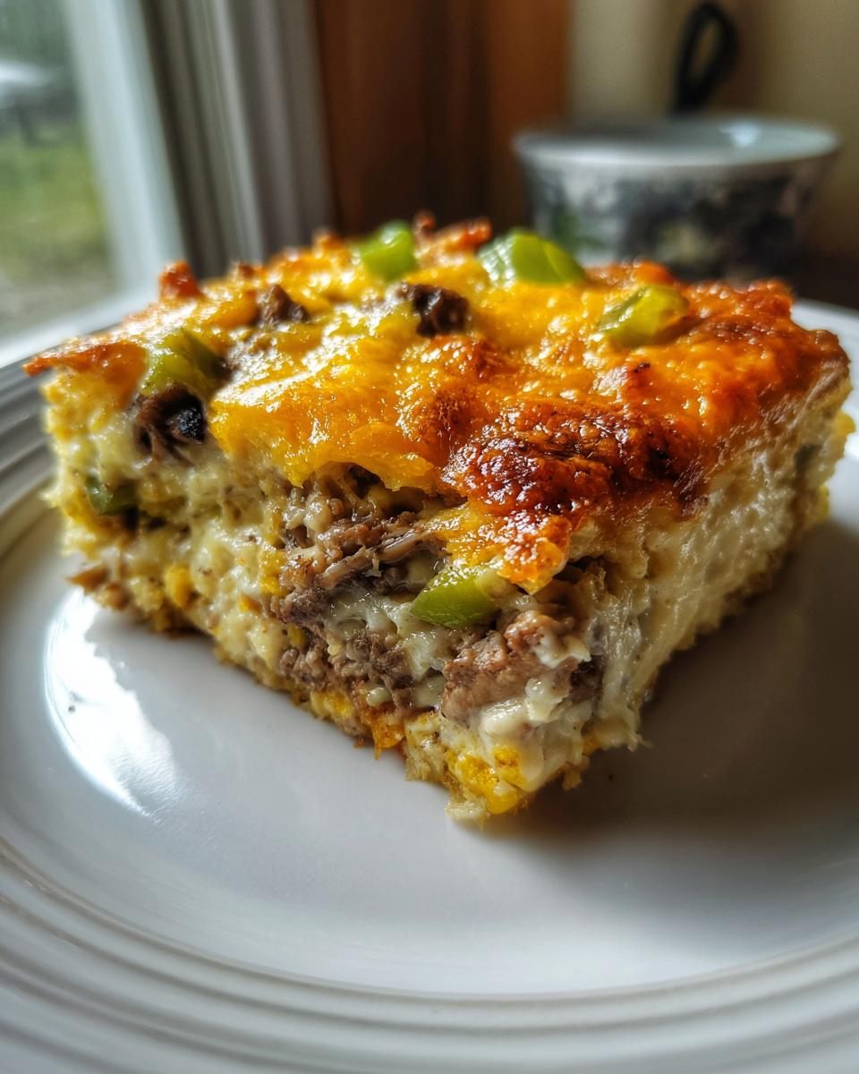 A slice of Low Carb Philly Cheesesteak Casserole on a white plate, featuring ground beef, melted cheese, and green peppers.
