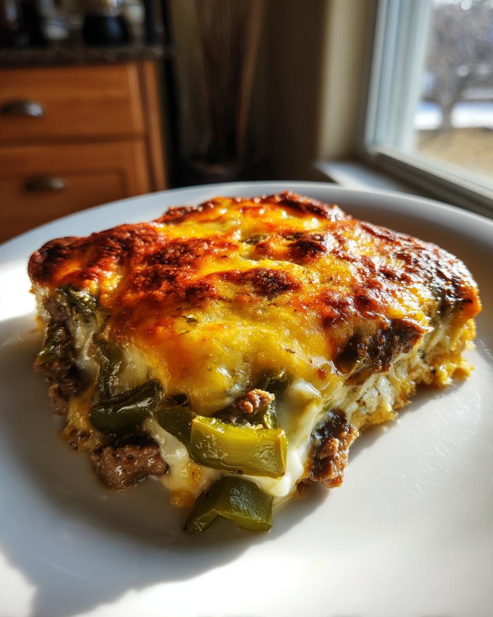 A delicious slice of Low Carb Philly Cheesesteak Casserole with melted cheese, ground beef, and green peppers.