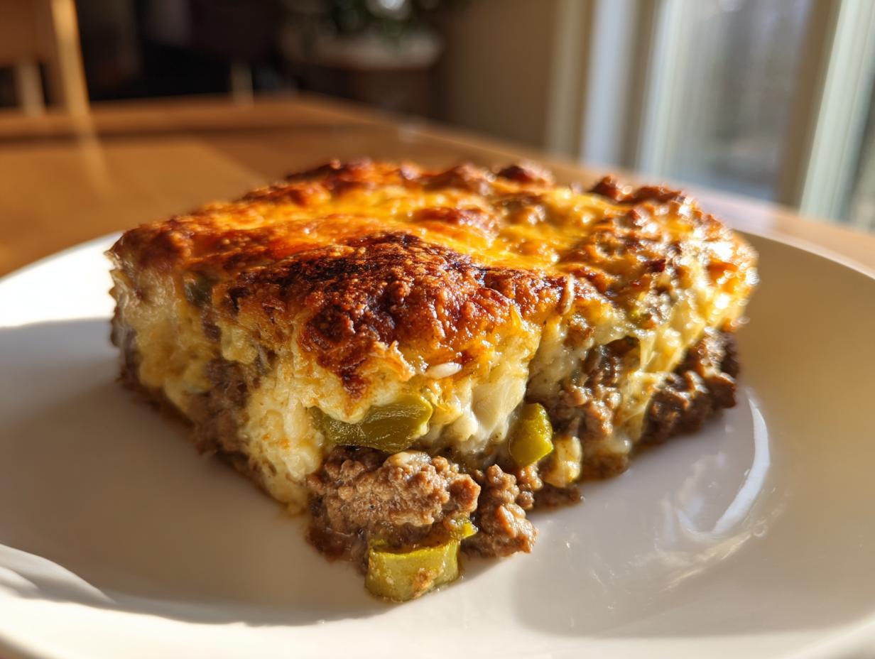 A delicious slice of Low Carb Philly Cheesesteak Casserole on a white plate, featuring ground beef, cheese, and green peppers.