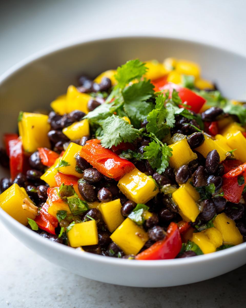 A vibrant bowl of Mango Black Bean Picnic Salad with fresh cilantro, diced mango, black beans, and red bell peppers.