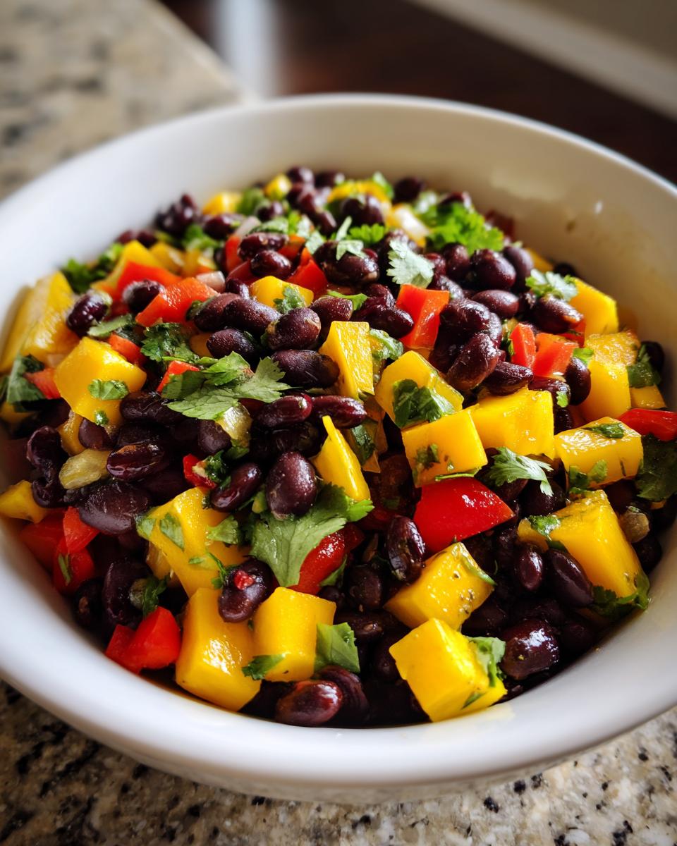 A close-up of a white bowl filled with a vibrant Mango Black Bean Picnic Salad, featuring diced mango, black beans, red bell peppers, and cilantro.