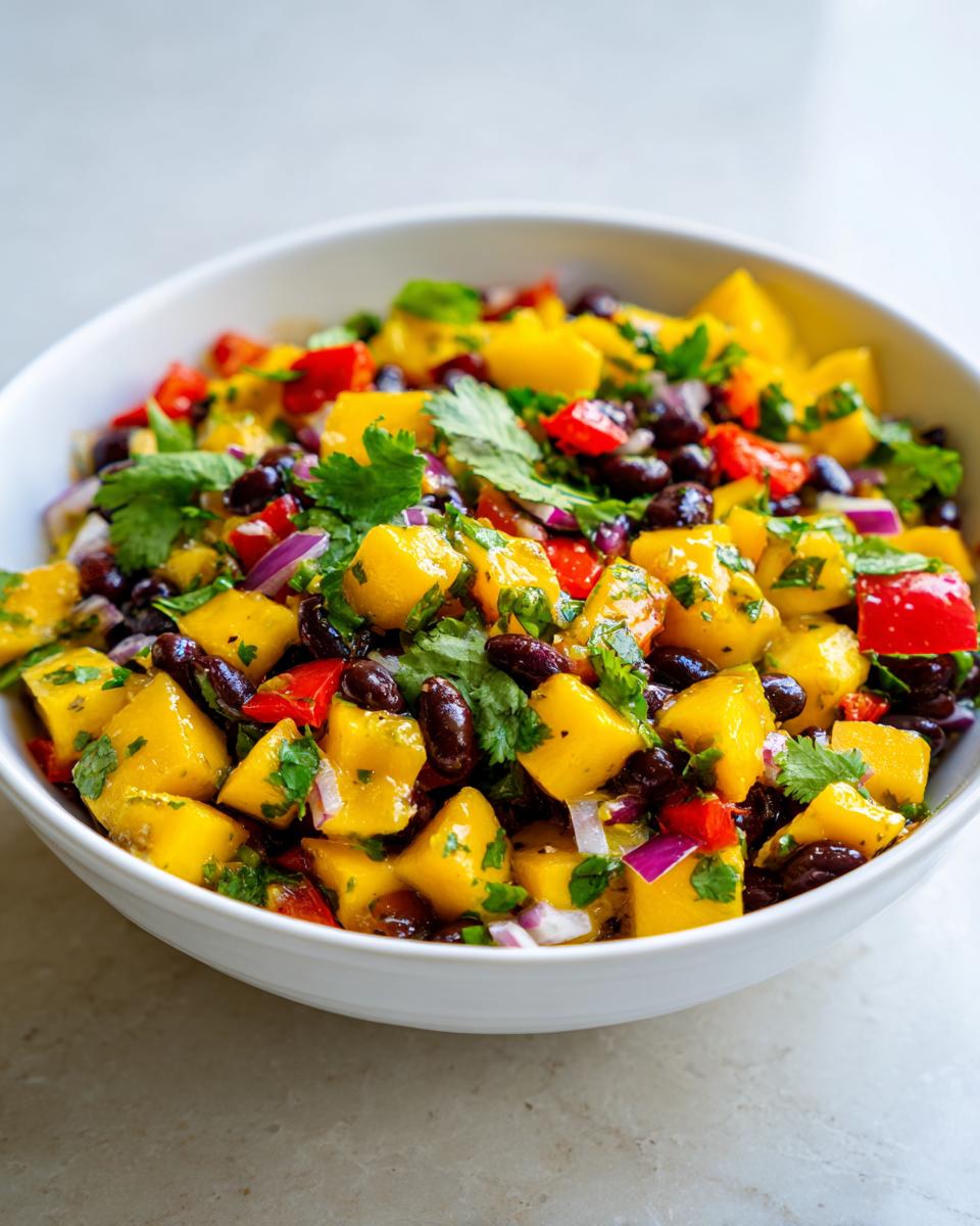 A vibrant bowl of Mango Black Bean Picnic Salad, featuring diced mango, black beans, red onion, red bell pepper, and cilantro.