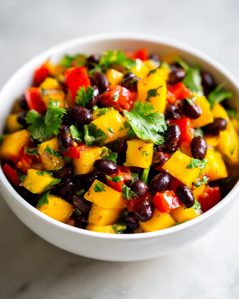 A close-up of a vibrant Mango Black Bean Picnic Salad in a white bowl, featuring diced mango, black beans, red bell peppers, and cilantro.