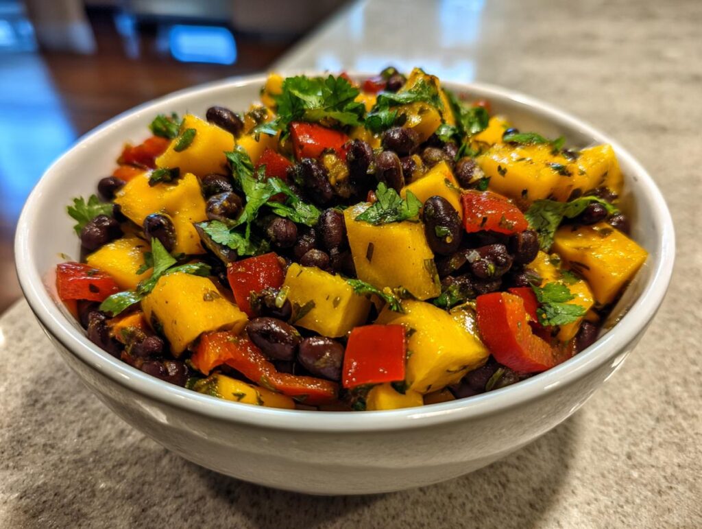 A white bowl filled with colorful Mango Black Bean Picnic Salad, featuring chunks of mango, black beans, red bell peppers, and cilantro.