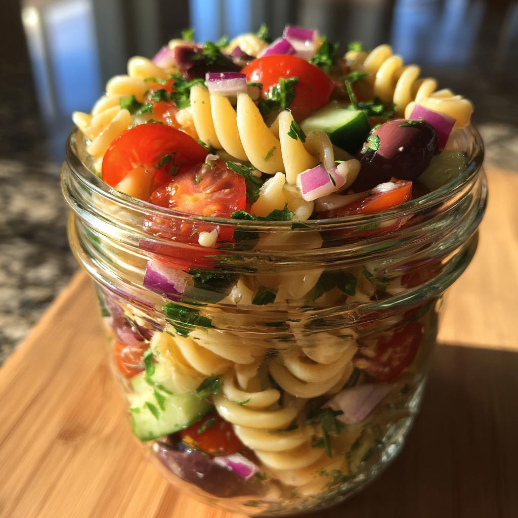 Close-up of a glass jar filled with Mediterranean pasta salad, featuring fusilli pasta, cherry tomatoes, cucumber, red onion, and olives.