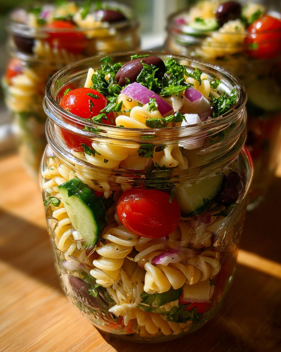 Close-up of a mason jar filled with Mediterranean pasta salad, featuring fusilli pasta, cherry tomatoes, olives, cucumber, and red onion.