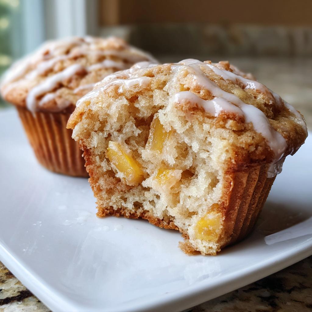 Close-up of a moist peach muffin with chunks of peach and drizzled vanilla glaze. Another muffin is blurred in the background.