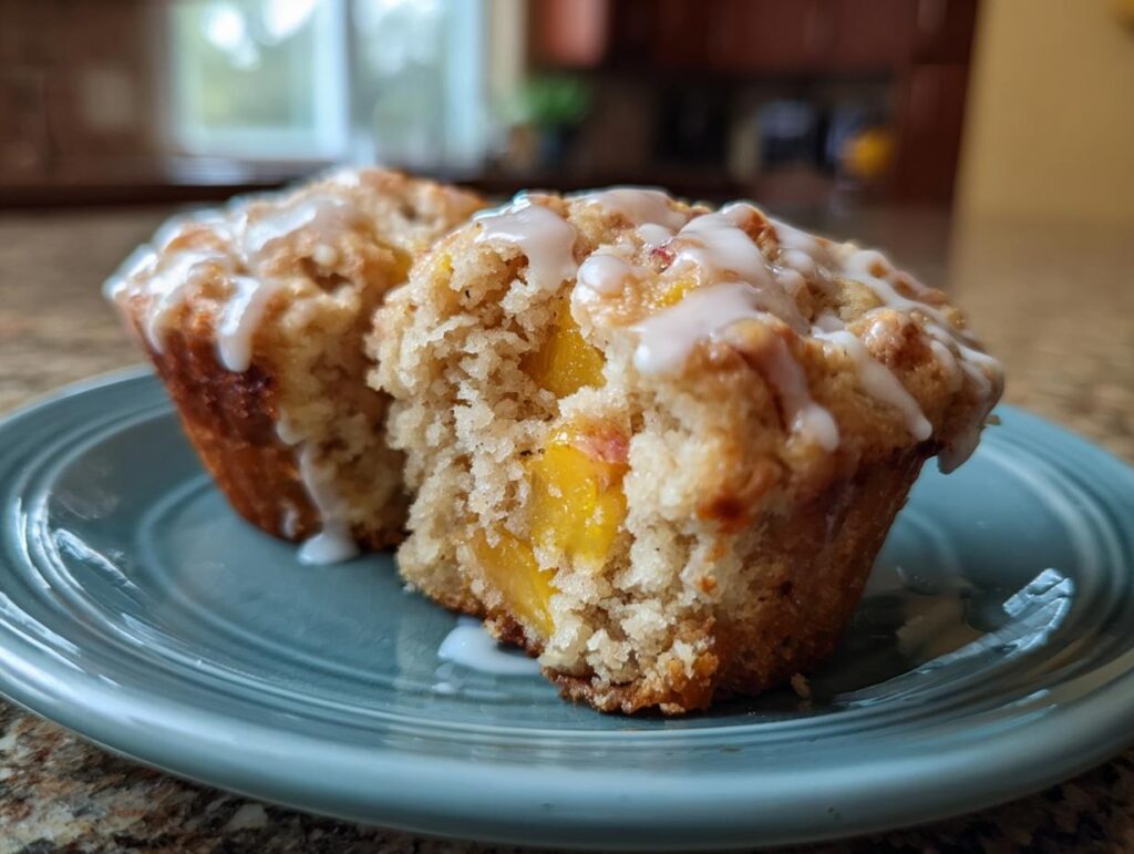 Close-up of a moist peach muffin, split open to reveal juicy peach chunks and drizzled with vanilla glaze.