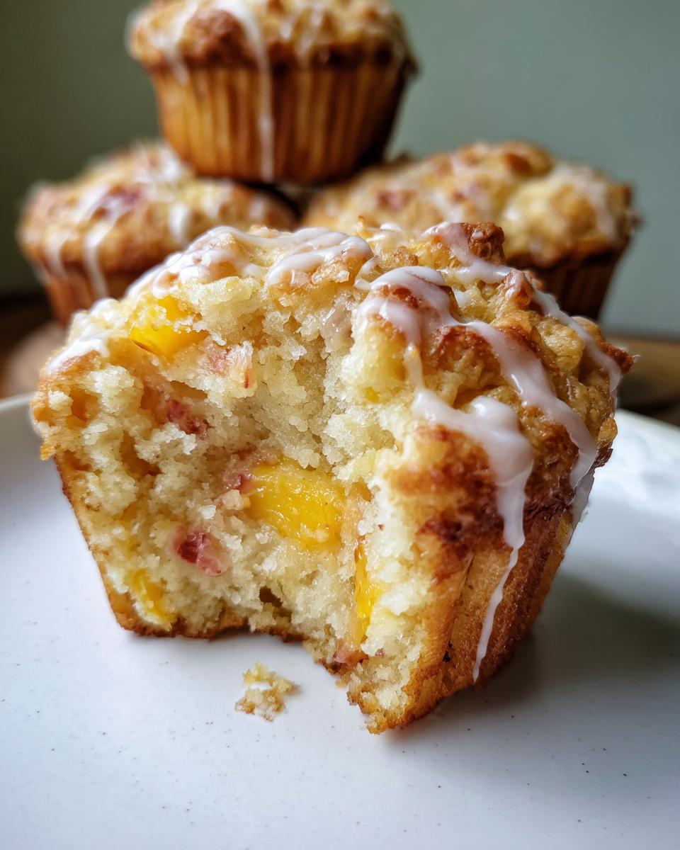 Close-up of a moist peach muffin with vanilla glaze, showing chunks of fresh peach inside.