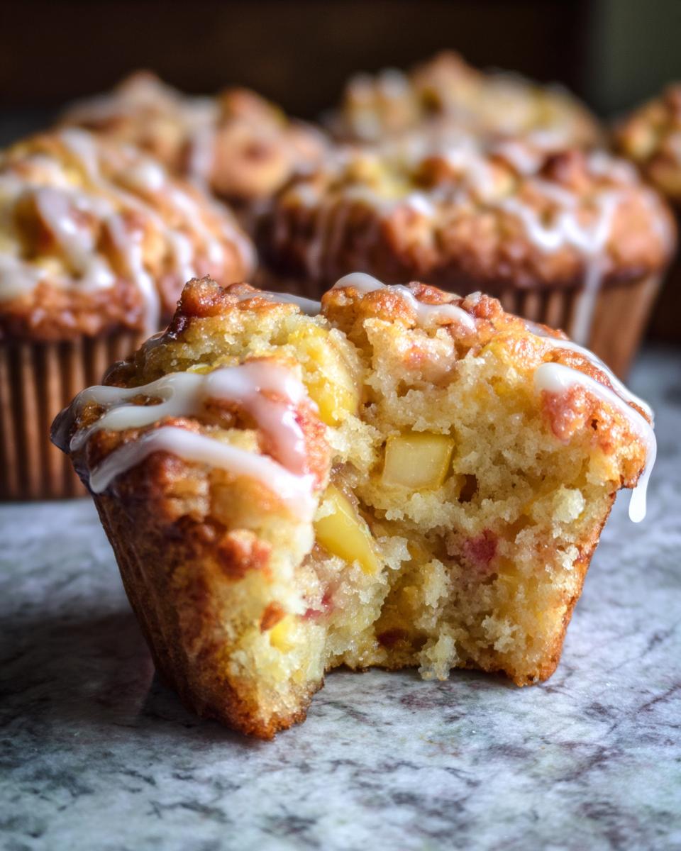 Close-up of a bite taken out of a moist peach muffin, drizzled with vanilla glaze.
