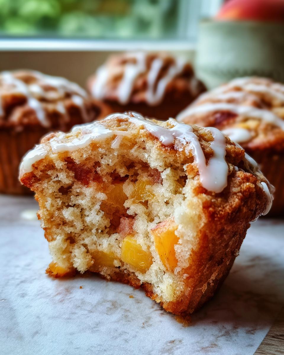Close-up of a moist peach muffin with chunks of peach and vanilla glaze, part of a batch of peach recipes.