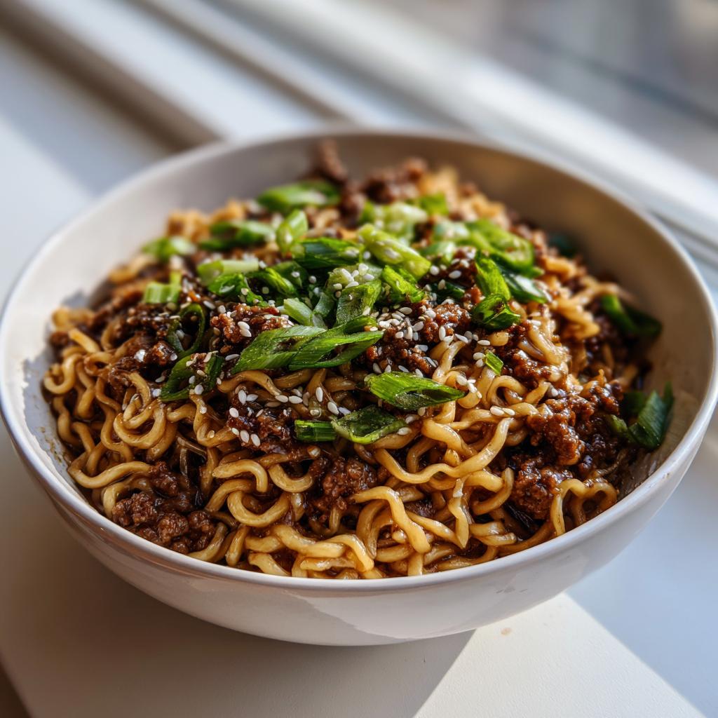 A bowl of Mongolian Ground Beef Noodles, topped with green onions and sesame seeds.