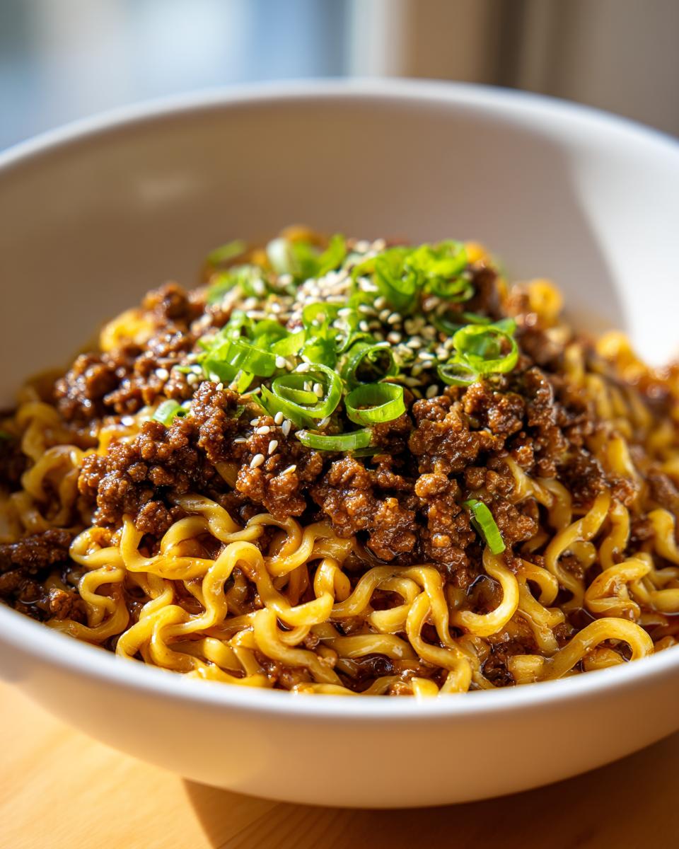 A close-up of a bowl filled with Mongolian Ground Beef Noodles, topped with green onions and sesame seeds.