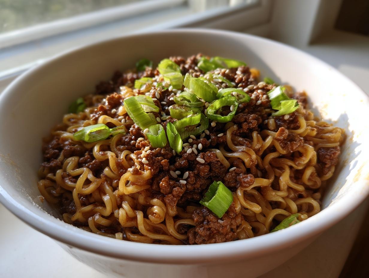 A bowl of Mongolian Ground Beef Noodles Recipe topped with green onions and sesame seeds.