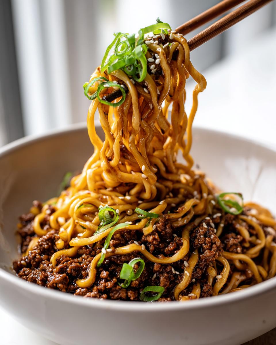 A close-up shot of chopsticks lifting a generous portion of Mongolian Ground Beef Noodles, garnished with green onions and sesame seeds.