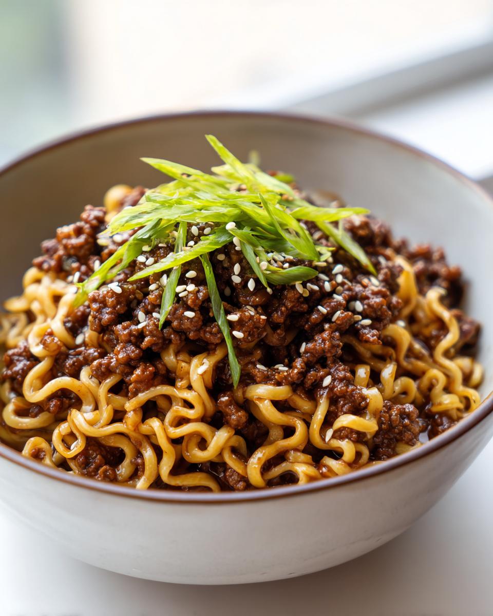 A bowl of Mongolian Ground Beef Noodles, topped with green onions and sesame seeds.