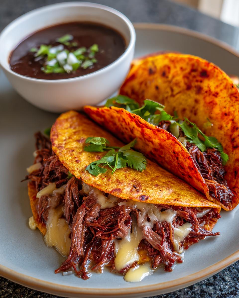 Close-up of My Fave Birria Tacos with melted cheese and a side of consommé.