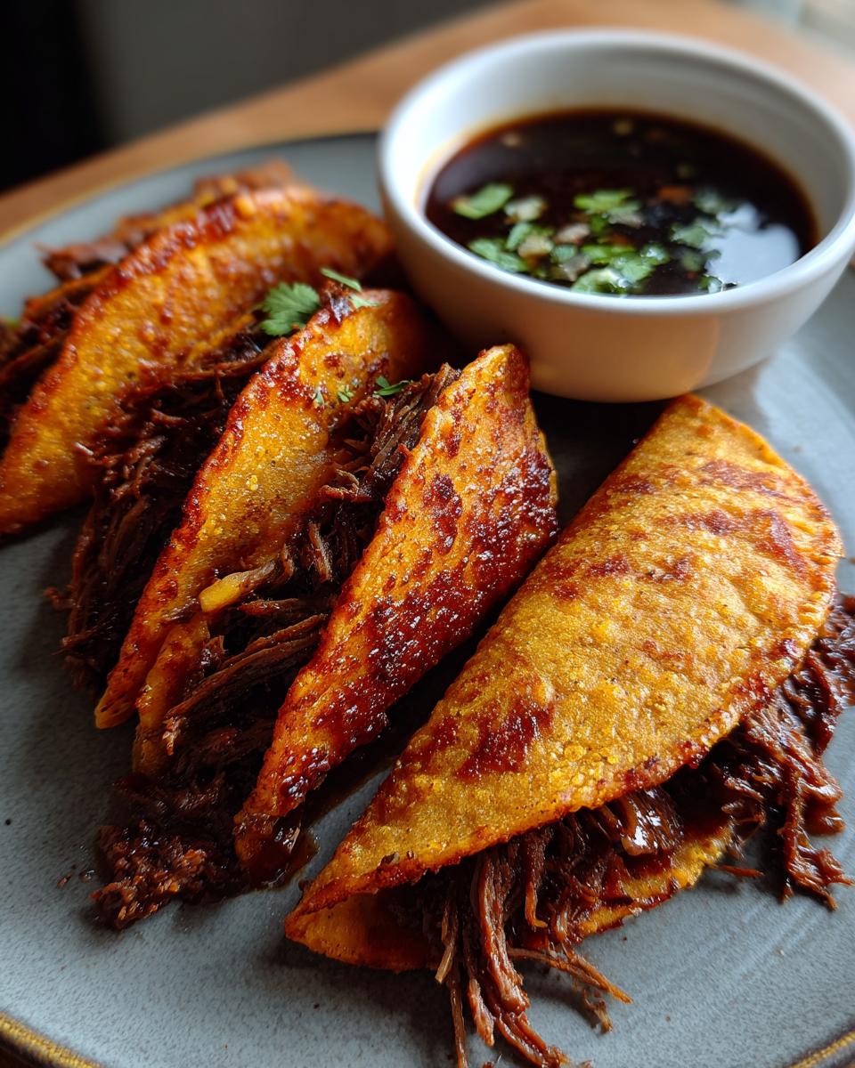 Close-up of crispy My Fave Birria Tacos filled with shredded beef, served with a side of consommé.