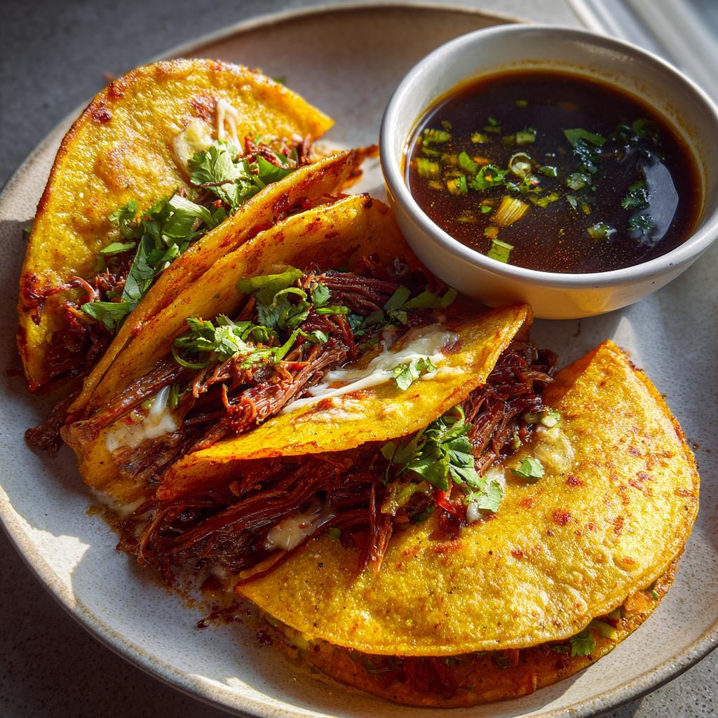 A plate of My Fave Birria Tacos filled with shredded beef and cheese, served with a side of consommé.